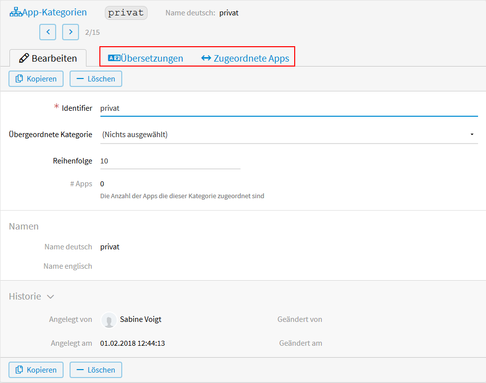 App-Kategorie Tabs