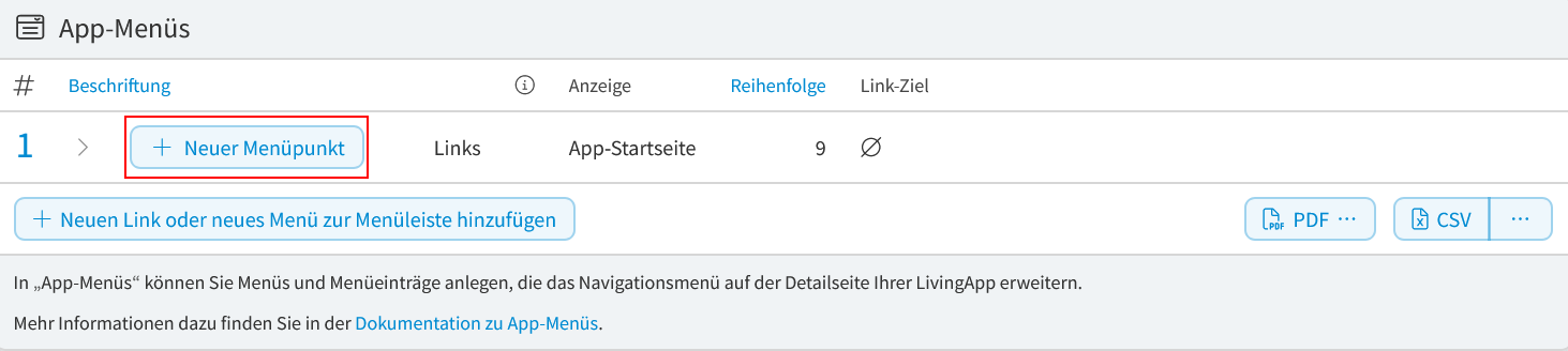Button 'Neuer Menüpunkt'