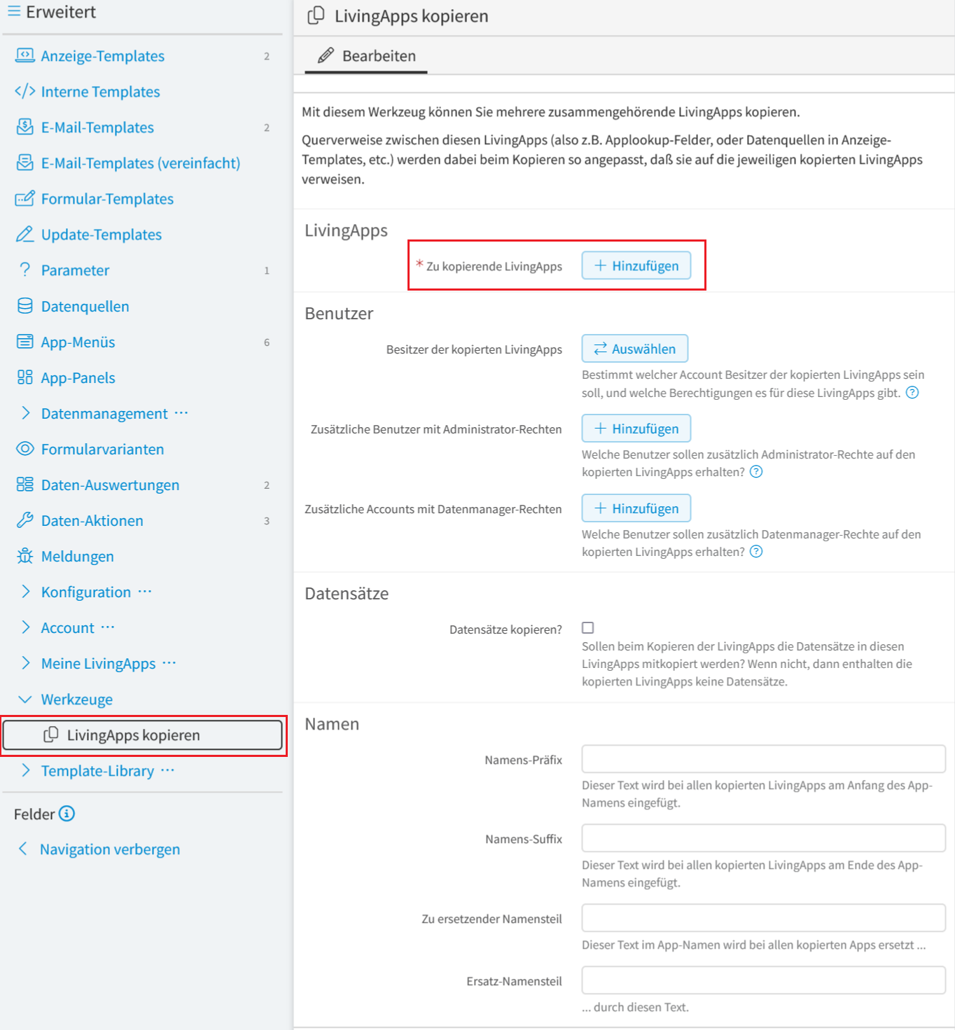 LivingApps auswählen und übernehmen