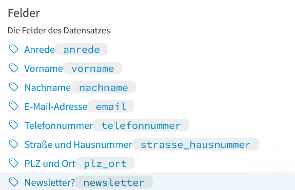 Platzhalter für Felder des Datensatzes