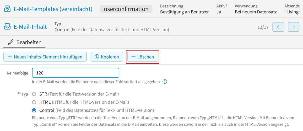 E-Mail-Template (vereinfacht) Anwendungsbeispiel - E-Mail-Inhalt - Feld löschen