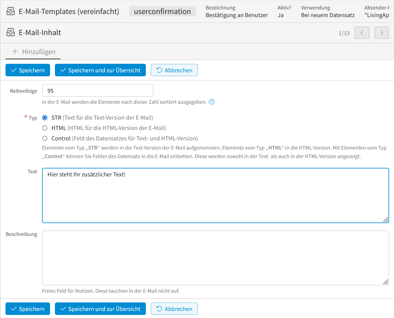 E-Mail-Template (vereinfacht) Anwendungsbeispiel - E-Mail-Inhalt - Textelement hinzufügen