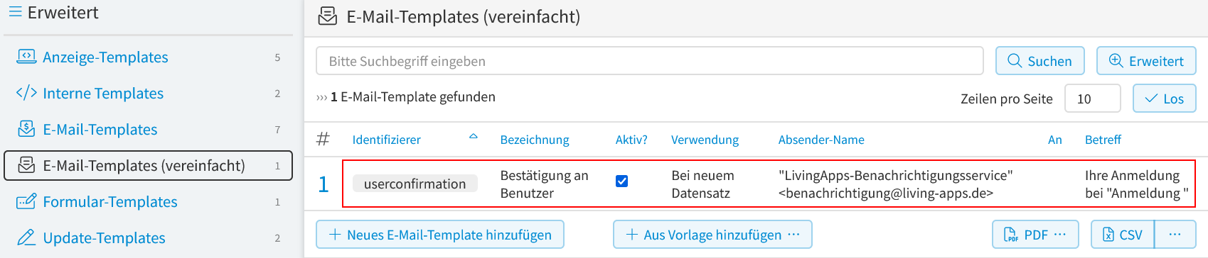 E-Mail-Template (vereinfacht) Anwendungsbeispiel - E-Mail-Template auswählen