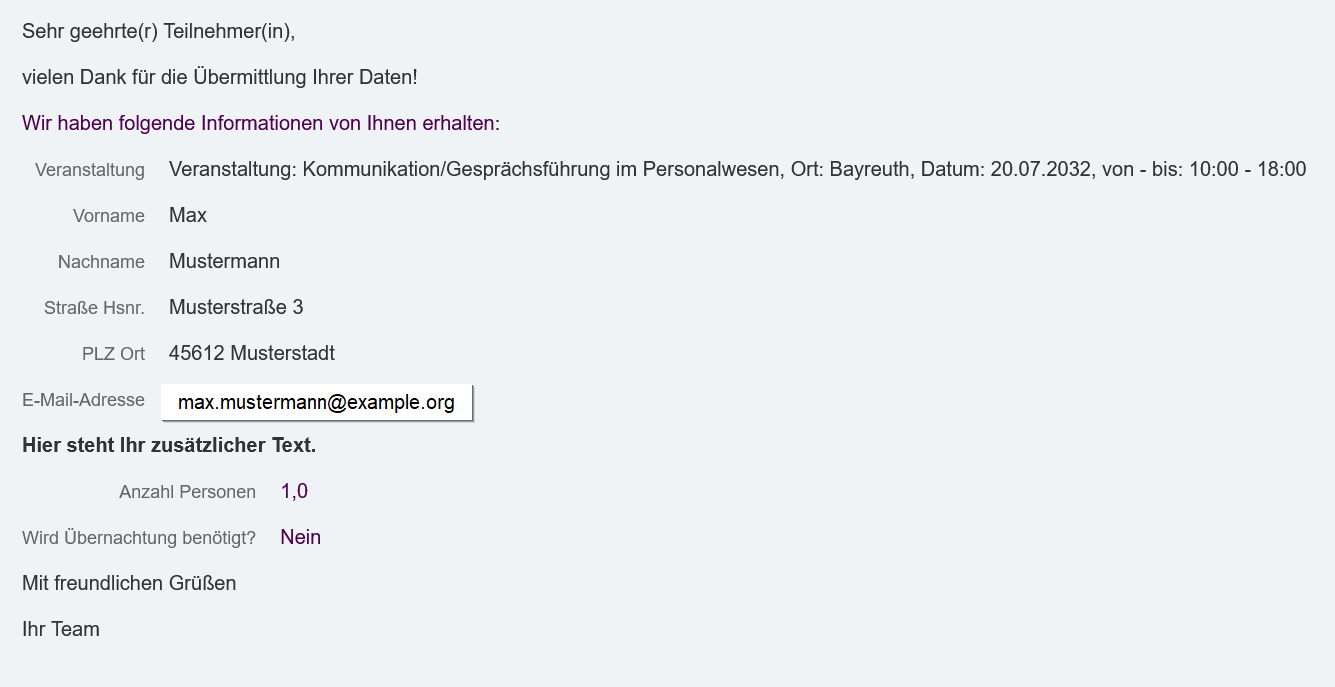 E-Mail-Template (vereinfacht) Anwendungsbeispiel - Ergebnis