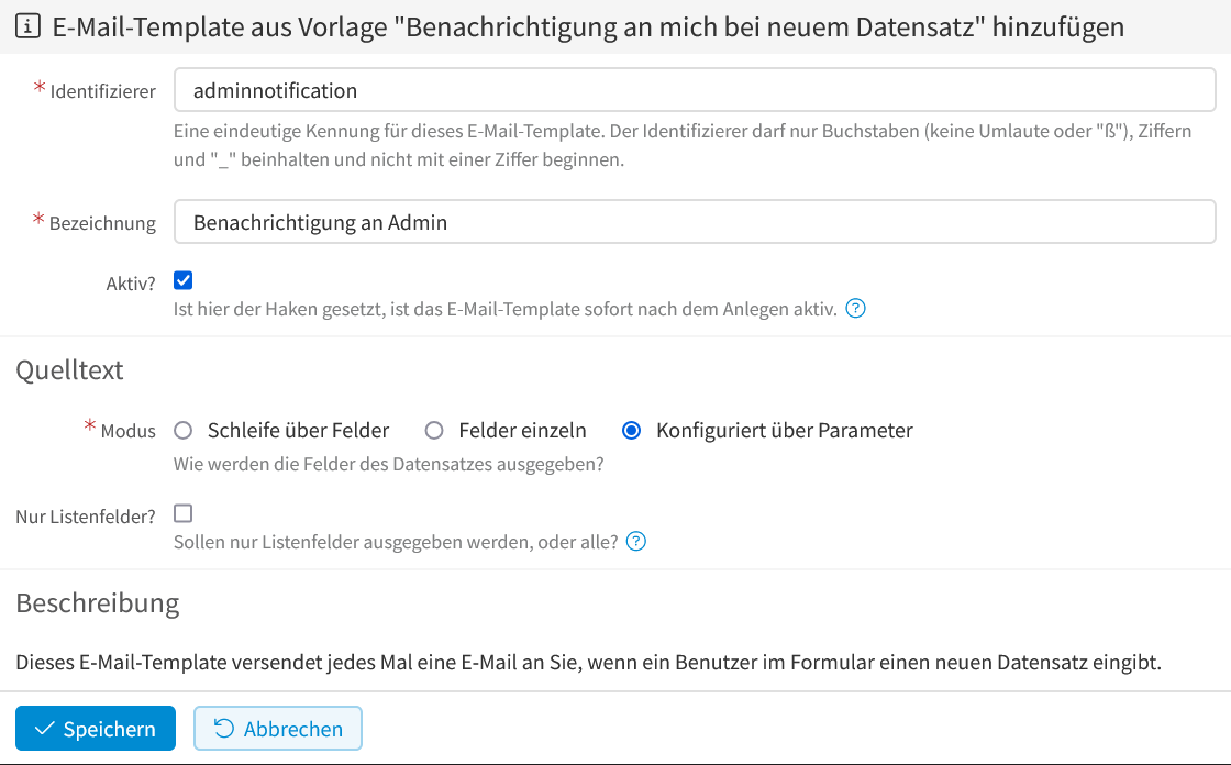 E-Mail-Template-Vorlage - Benachrichtigung an mich - auswählen