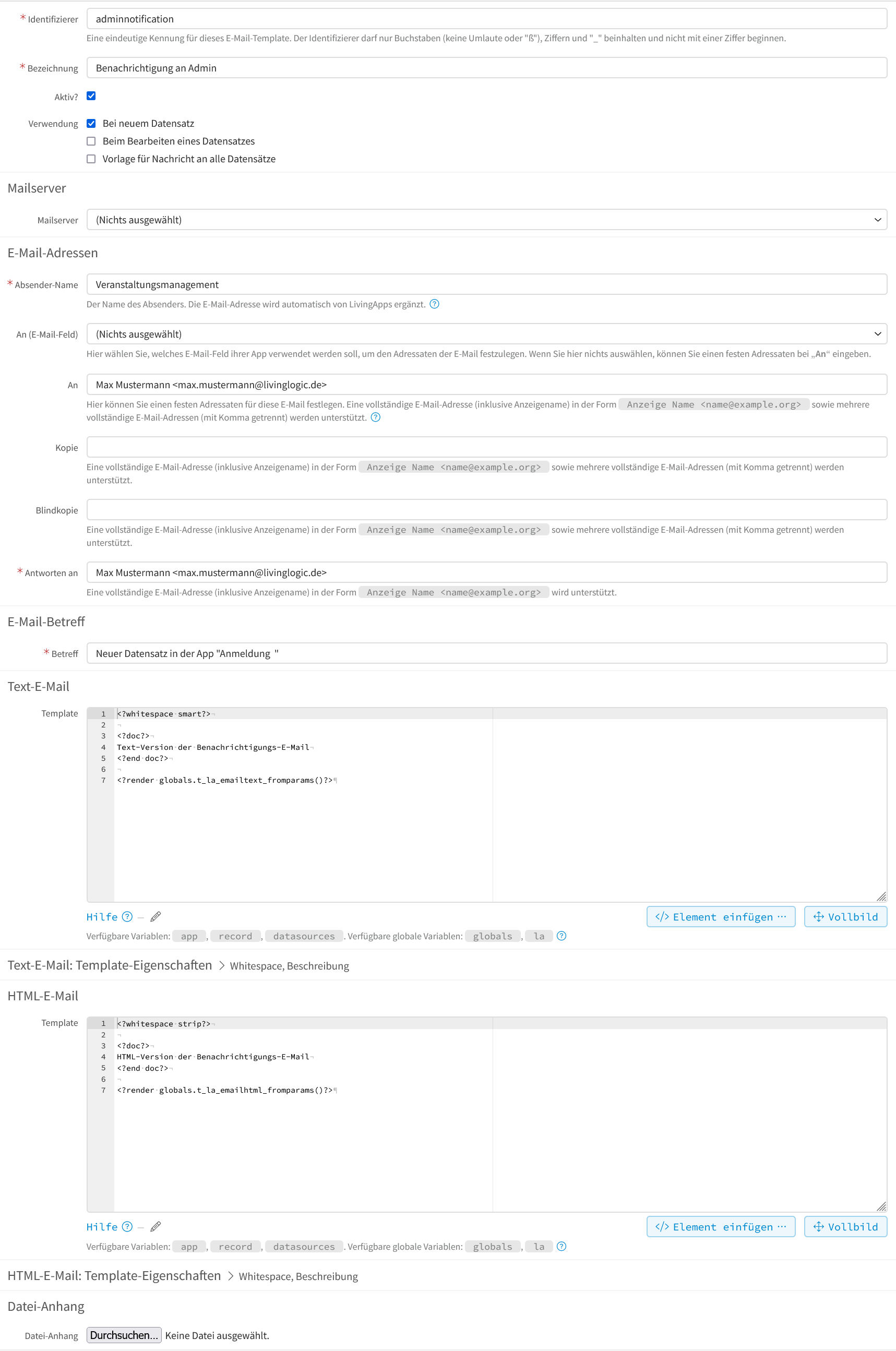 E-Mail-Template-Vorlage - Benachrichtigung an mich - Konfiguration