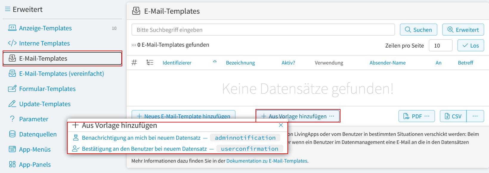 E-Mail-Template-Vorlage hinzufügen