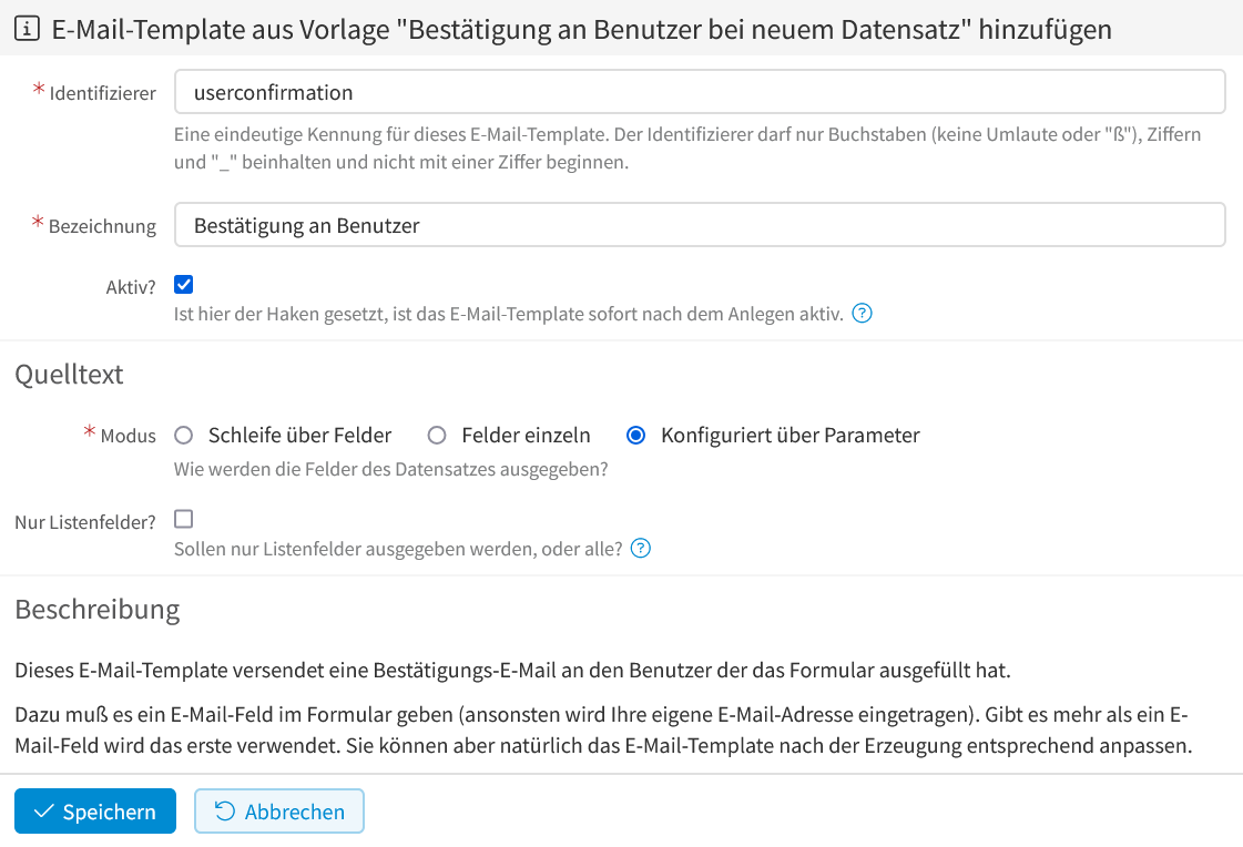 E-Mail-Template-Vorlage - Bestätigung an Benutzer - auswählen