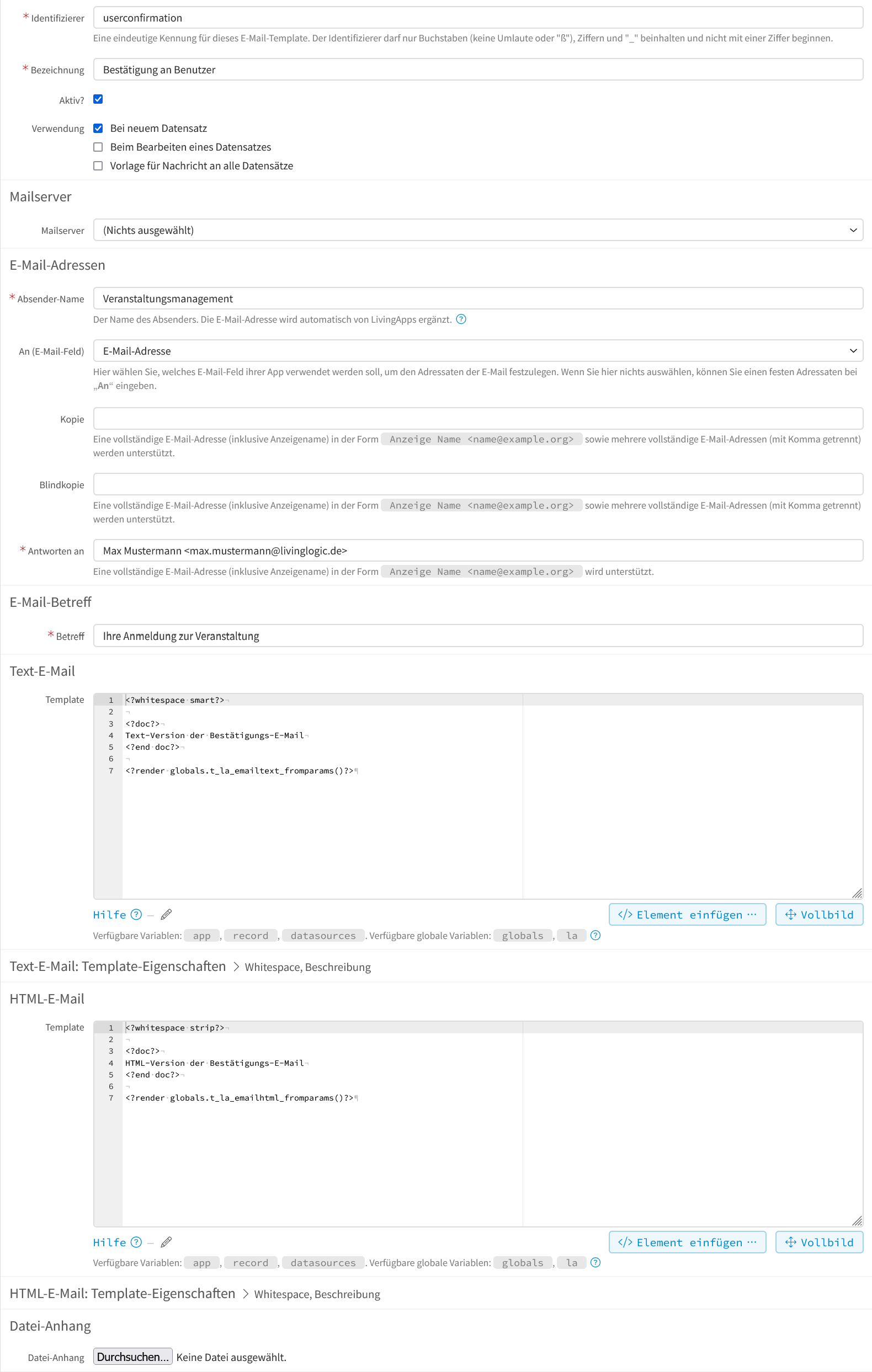 E-Mail-Template-Vorlage - Bestätigung an Benutzer - Konfiguration