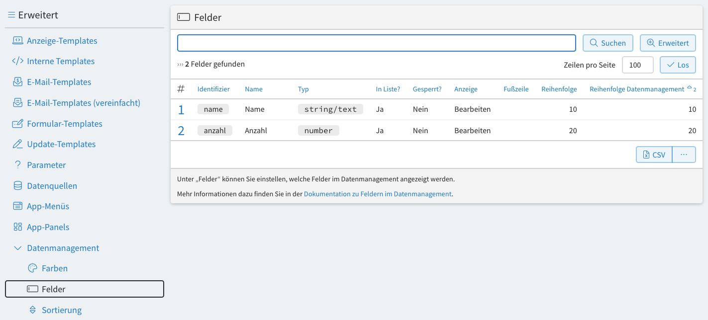Liste der Felder