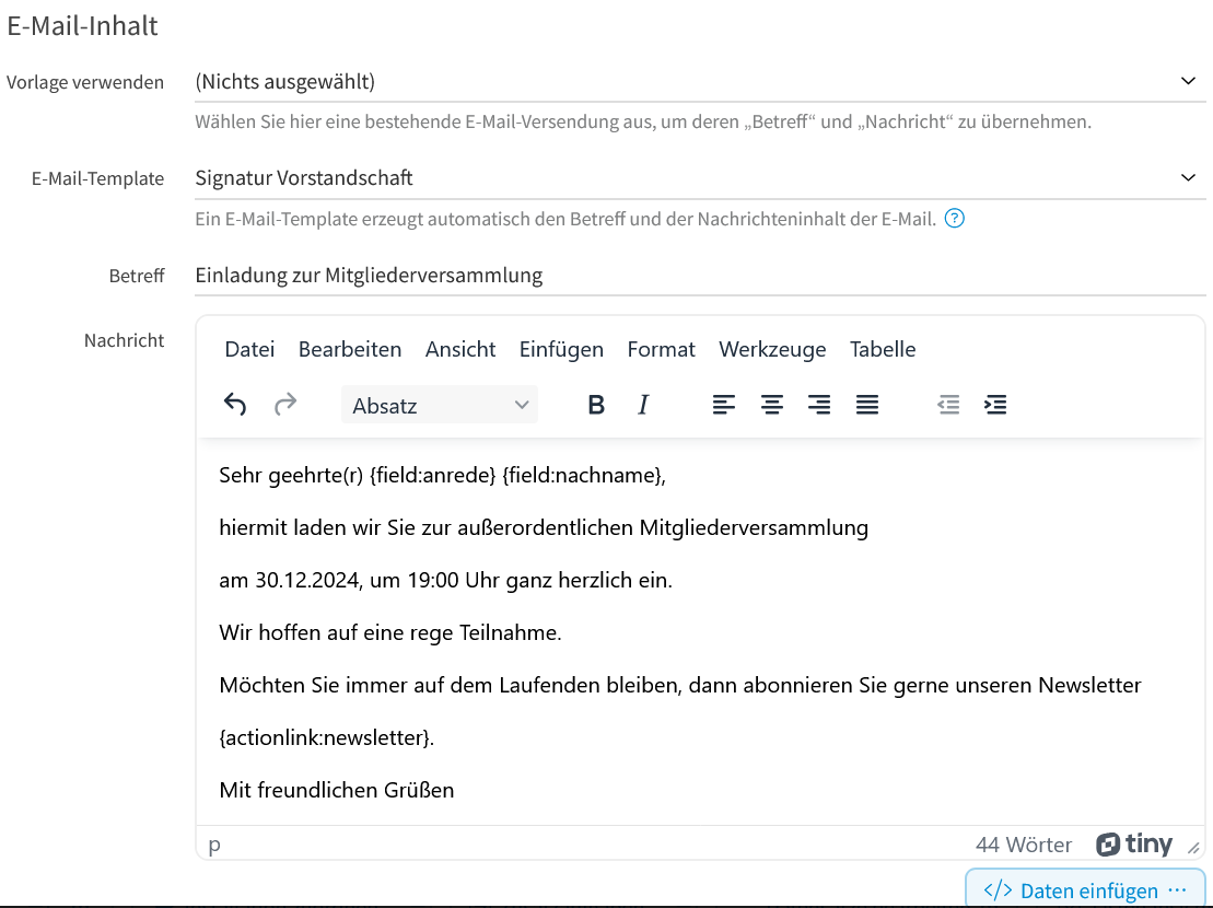 Konfiguration E-Mail-Inhalt