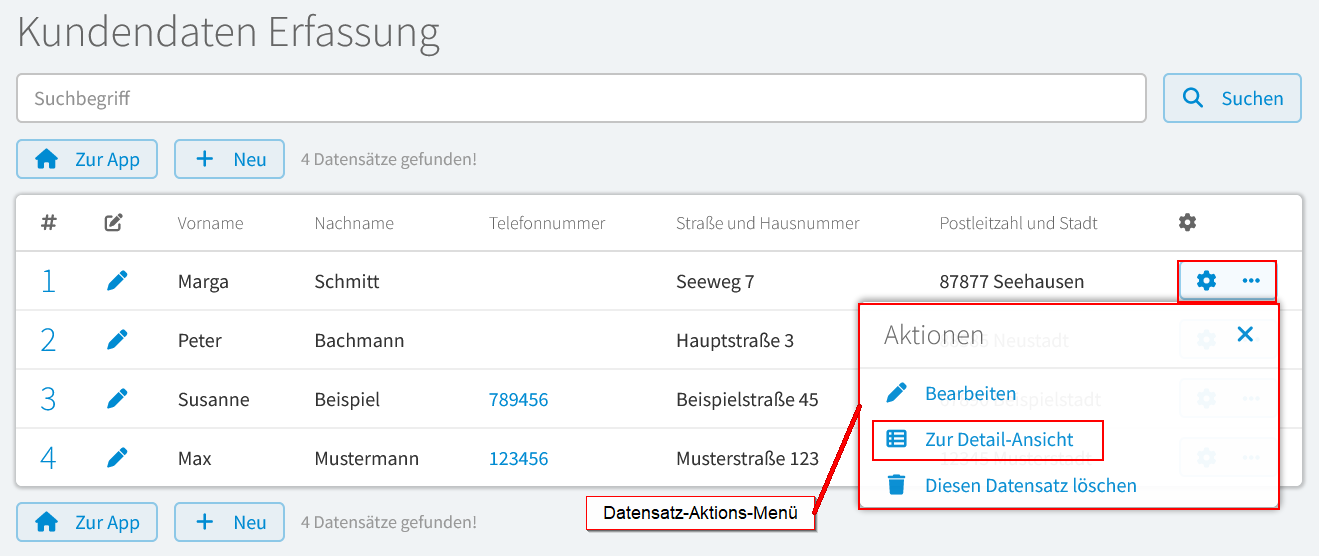 Link im Aktionsmenü der Listen-Seite