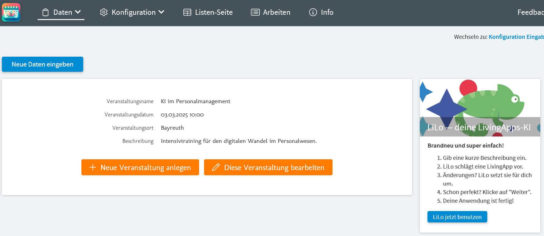 Ergebnisseite mit Datensatz-Anzeige - Ergebnis