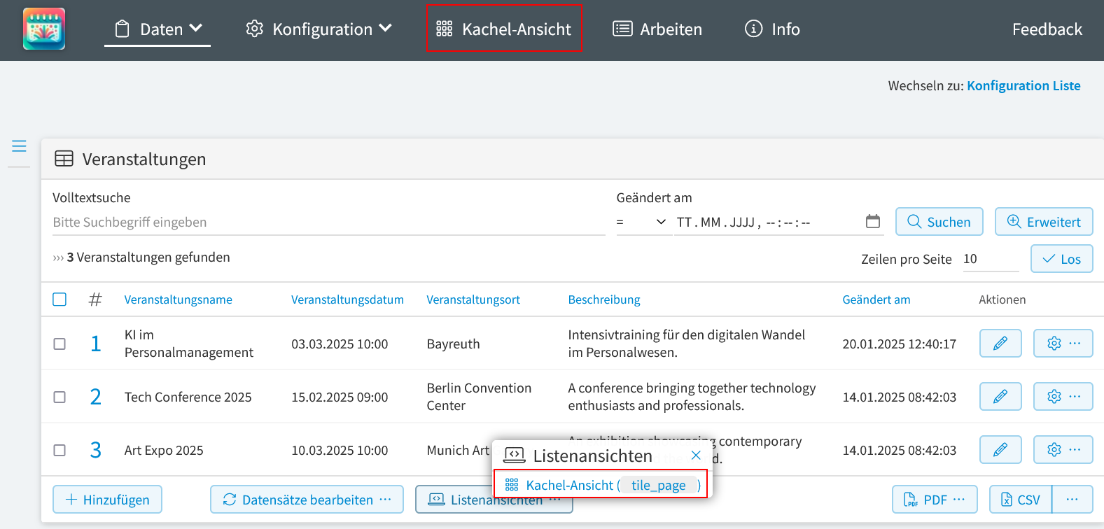 Kachel-Ansicht Aufruf