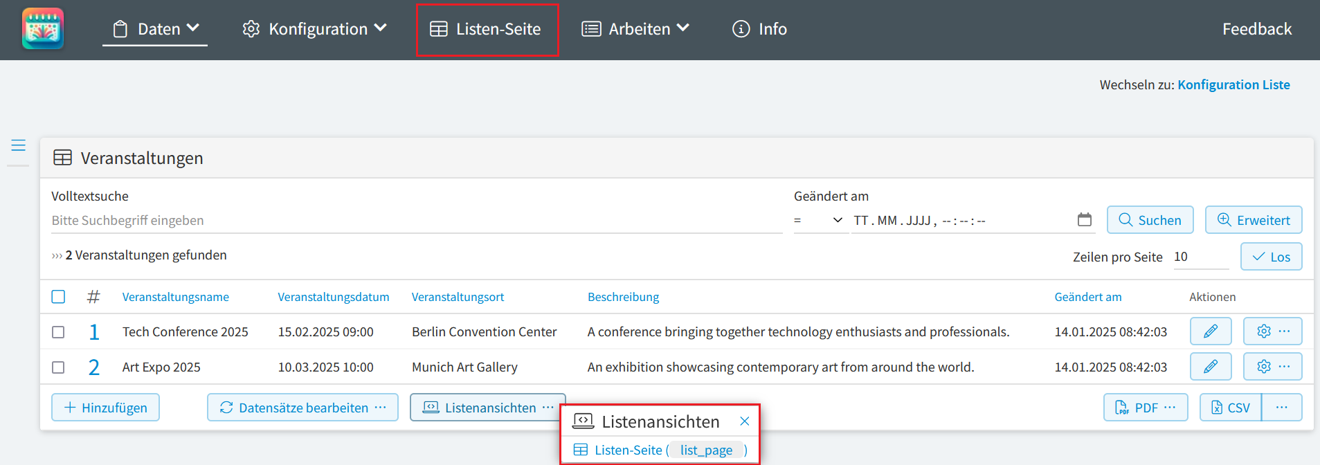 Listen-Seite - Link in Menüzeile