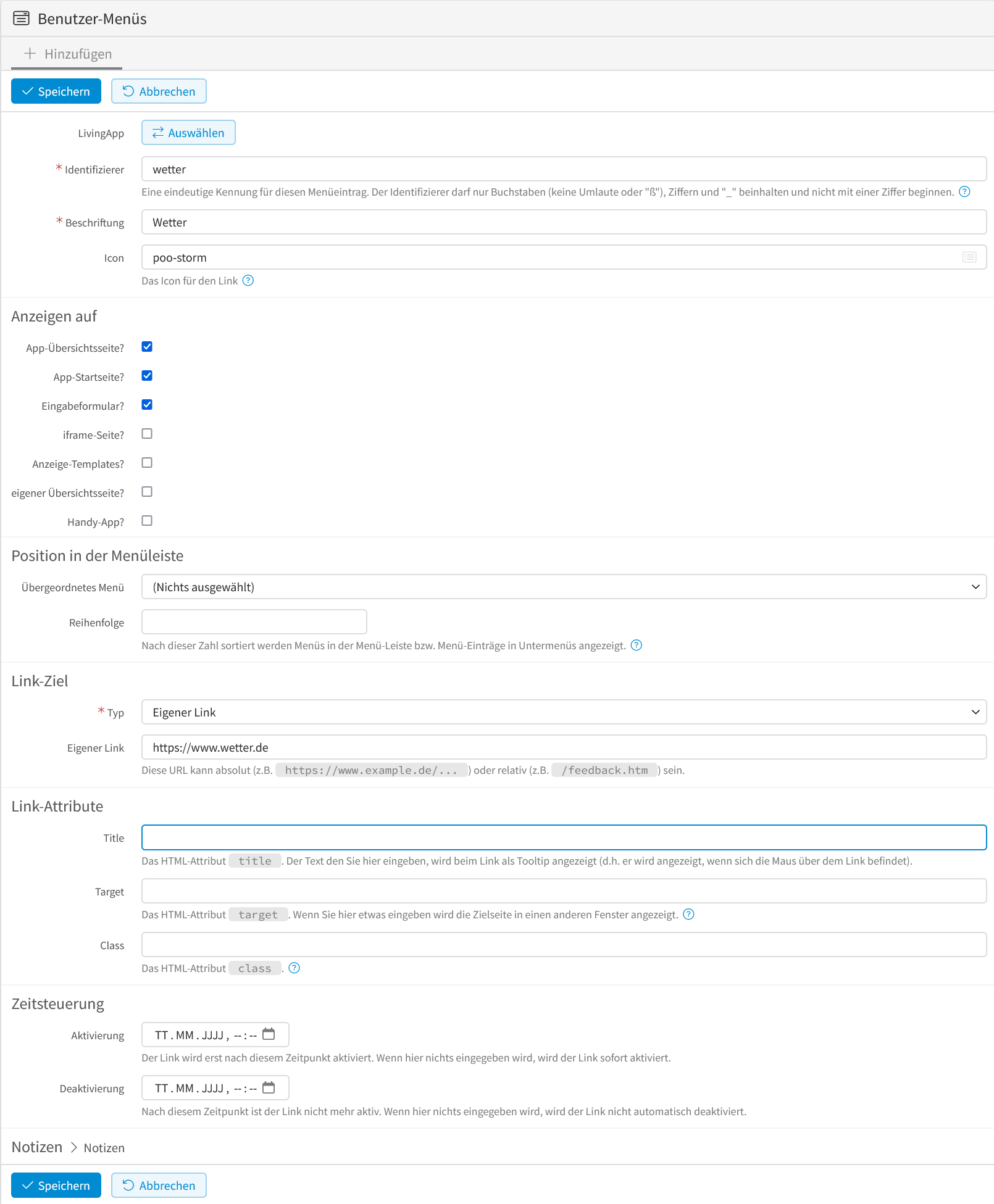 Benutzer-Menü - Eigener Link erstellen