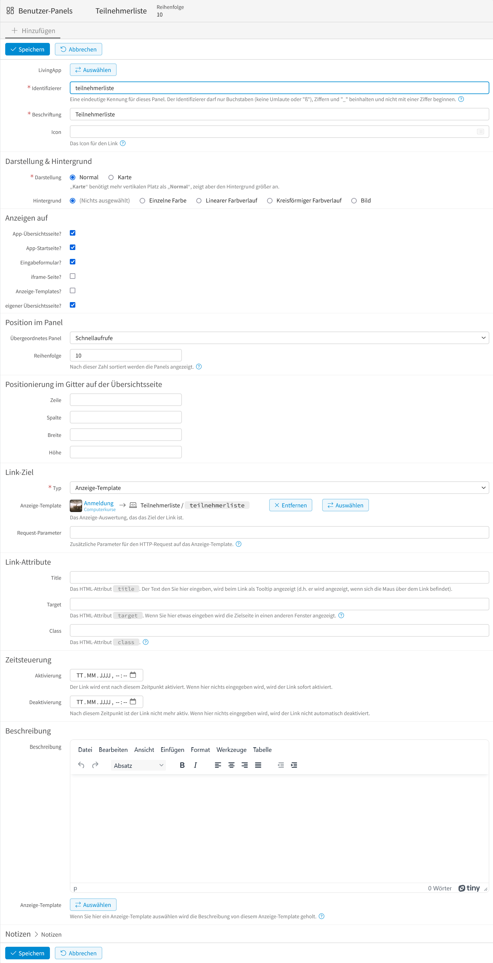 Benutzer-Panel - Anzeige-Template auswählen